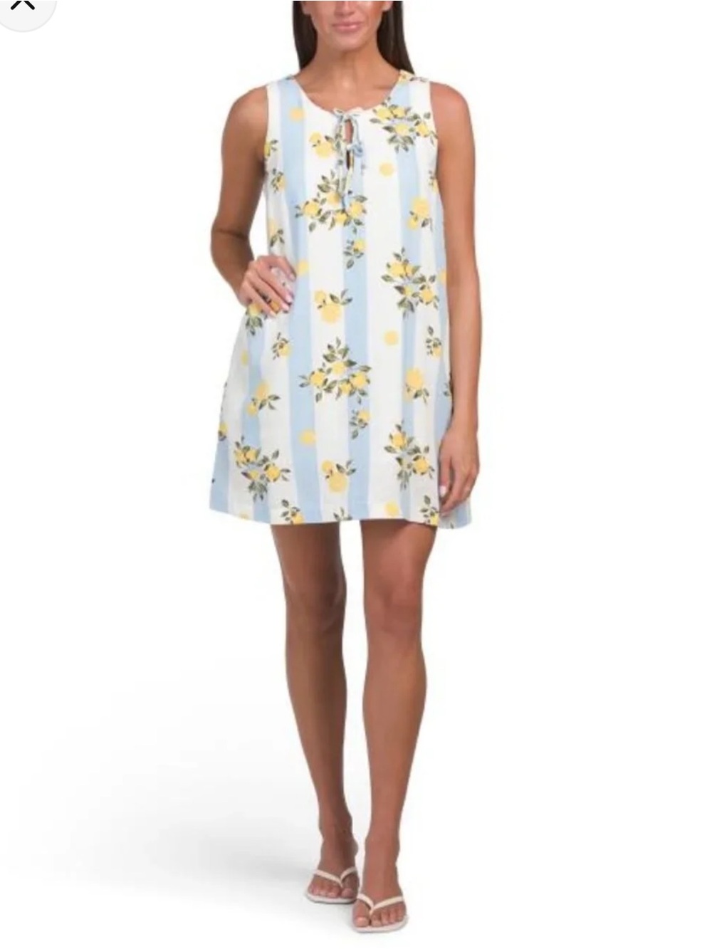 Sleeveless Striped Floral Linen Blend Shift Dress in Light Blue and Yellow